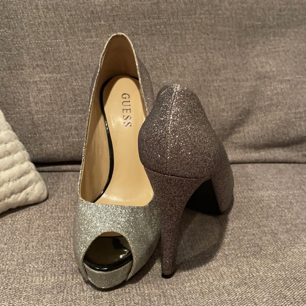 Sliver glitter guess peep toe platform heel